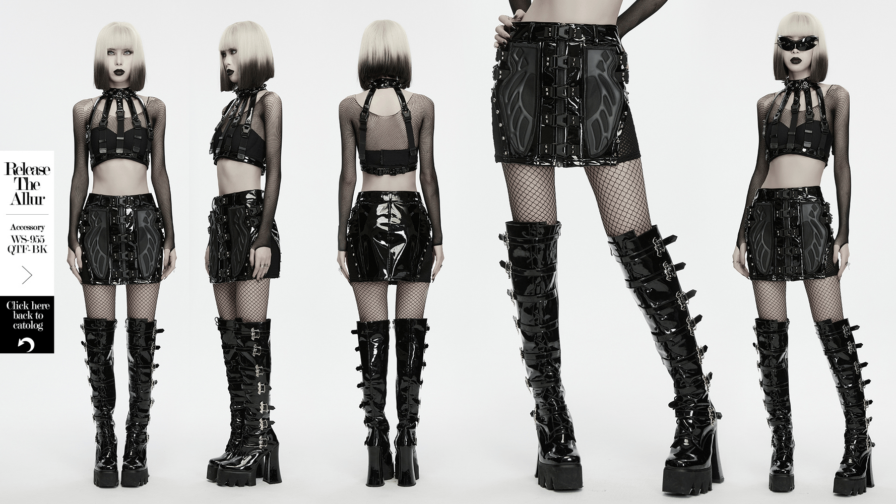 Black Patent Leather Techwear Mini Skirt with Buckles showcased with futuristic accessories and styled with bold boots.