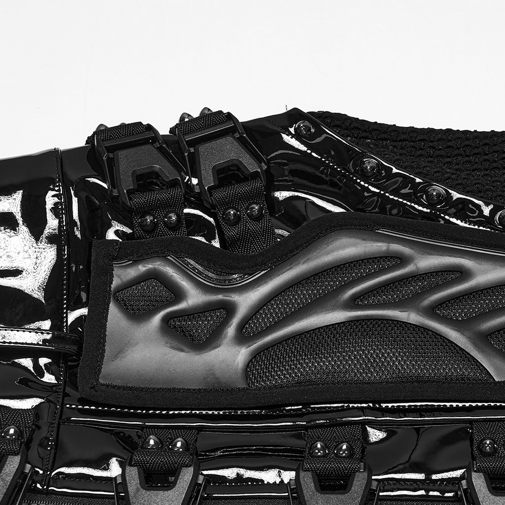Black Patent Leather Techwear Mini Skirt with Buckles details showcasing futuristic design and unique materials.