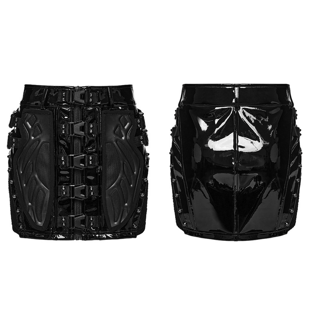 Black Patent Leather Techwear Mini Skirt with Buckles showcasing futuristic design and high-gloss finish.