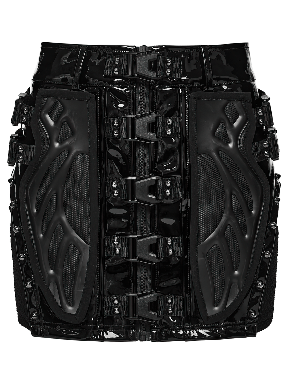 Black Patent Leather Techwear Mini Skirt with Buckles, featuring futuristic rubber panels and a high-waisted bodycon design.