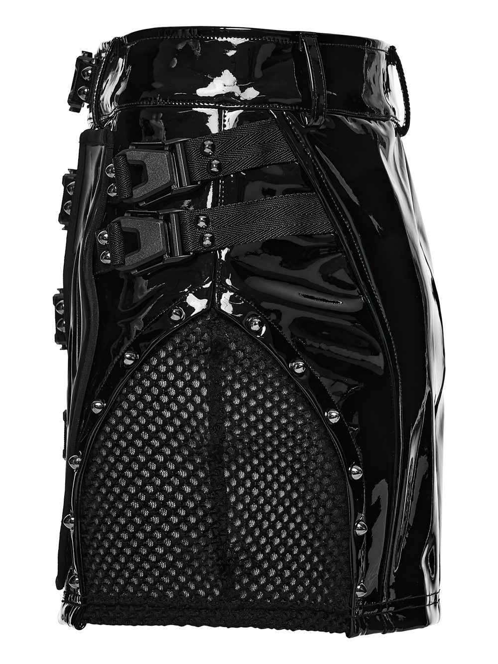 Black Patent Leather Techwear Mini Skirt with Buckles featuring rubber panels and an edgy design.