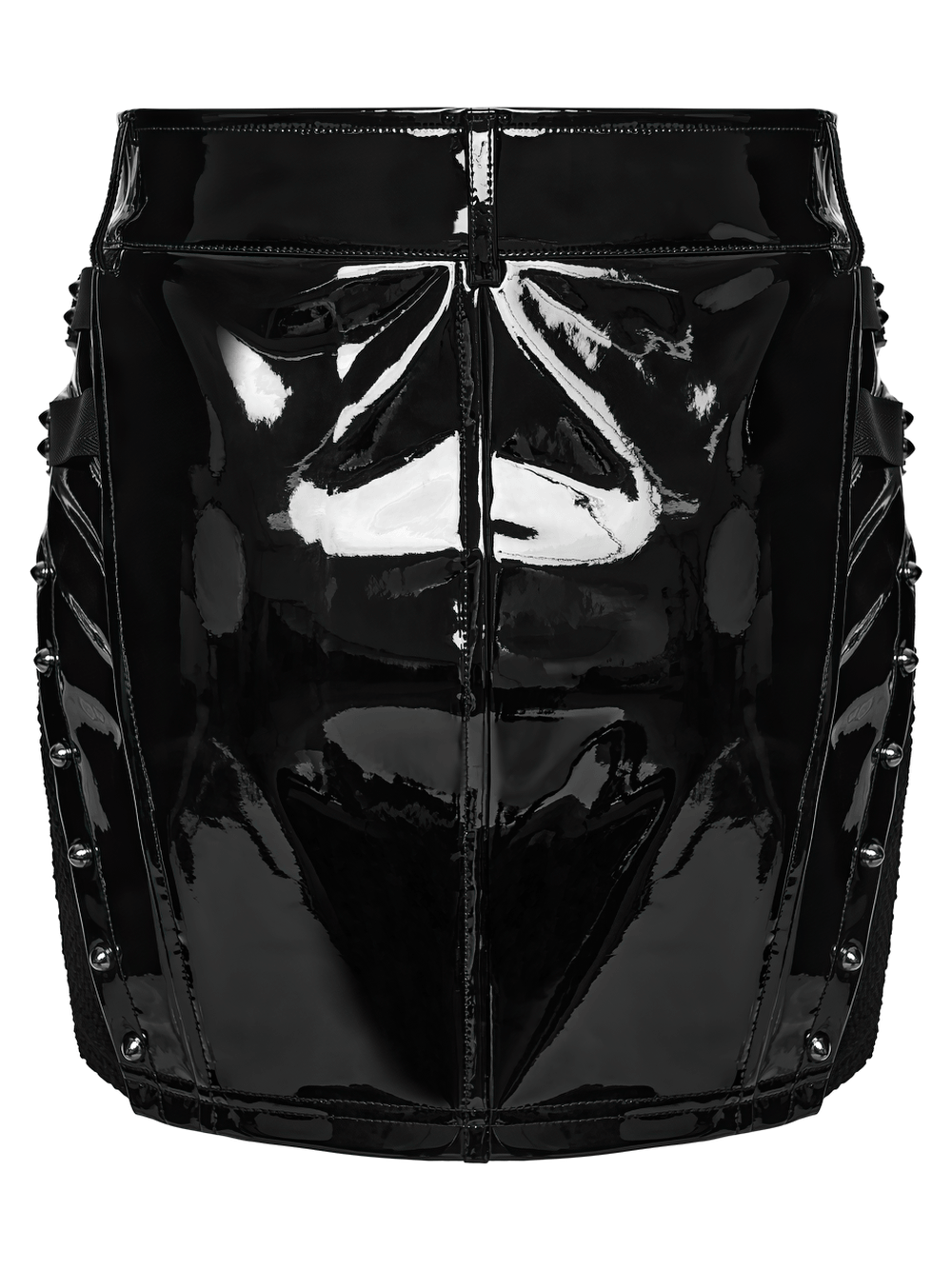 Black Patent Leather Techwear Mini Skirt with Buckles featuring a sleek high-gloss finish and futuristic design.