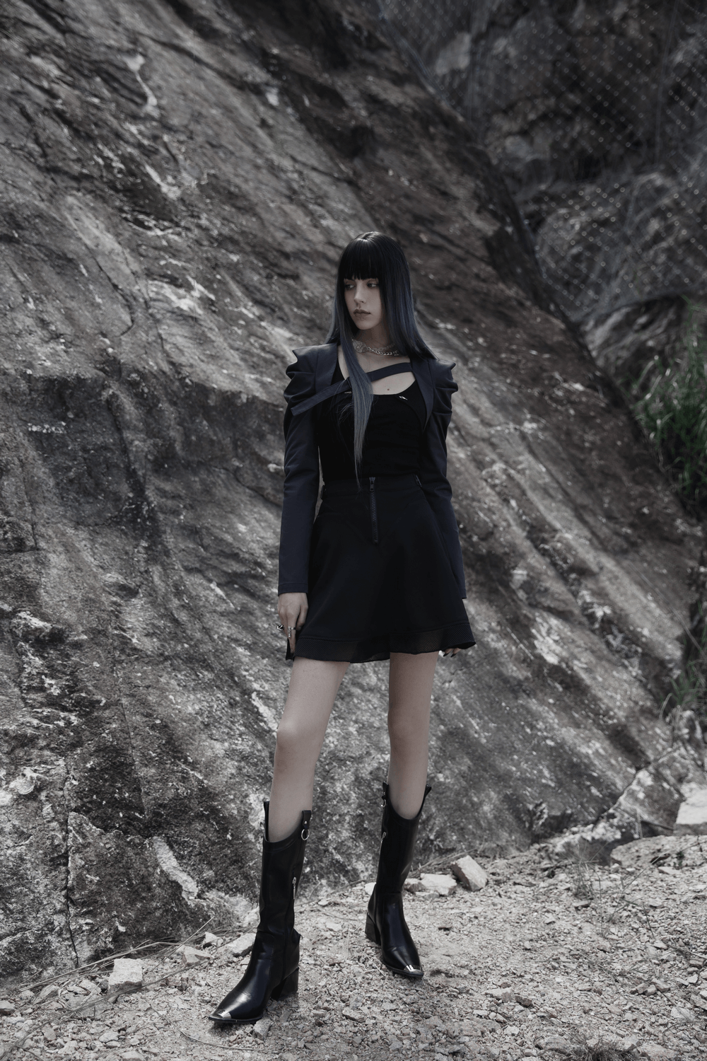 Black Plaid Mesh Mini Skirt with Futuristic Flair