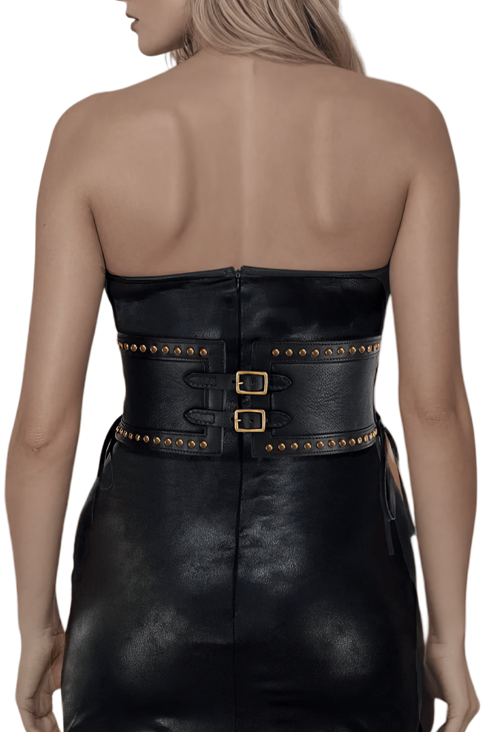 Back view of a black PU leather corset belt with gold-tone studs and adjustable buckle closure.