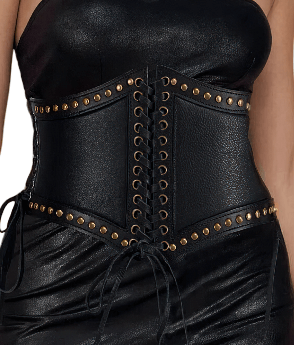 Black PU leather corset belt with studs and lace-up front, perfect for gothic and punk fashion styles.