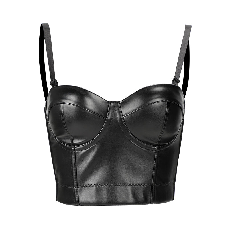 Sexy black PU leather crop top bra with push up and steampunk corset design for bold rock style.