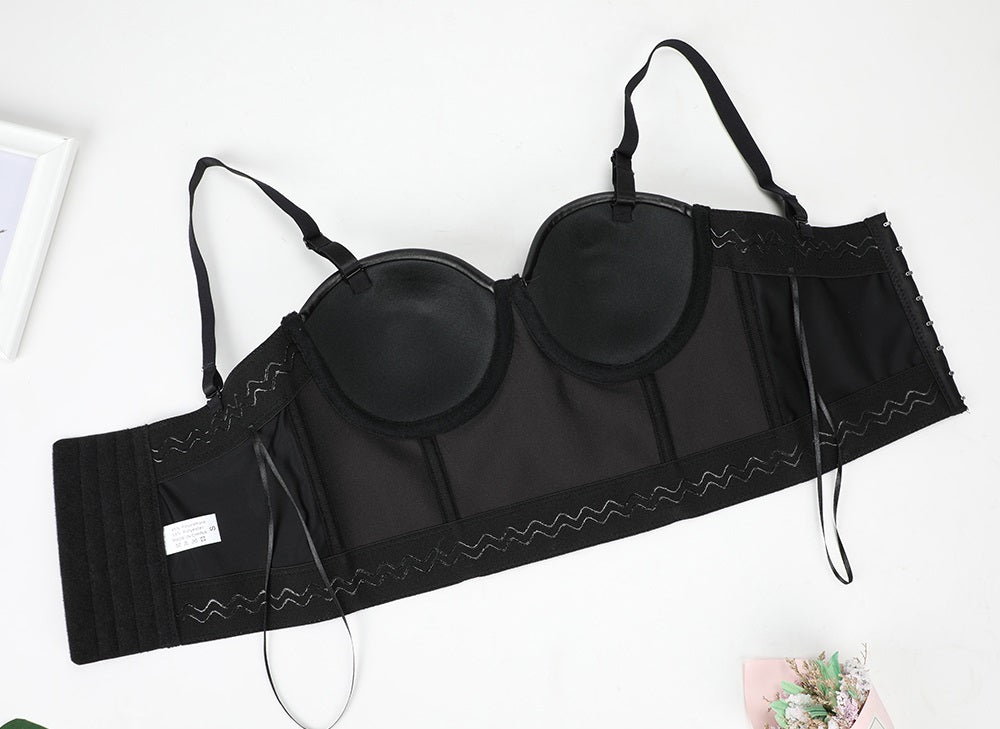 Black PU leather push up bra with steampunk corset design, perfect for stylish rock looks.