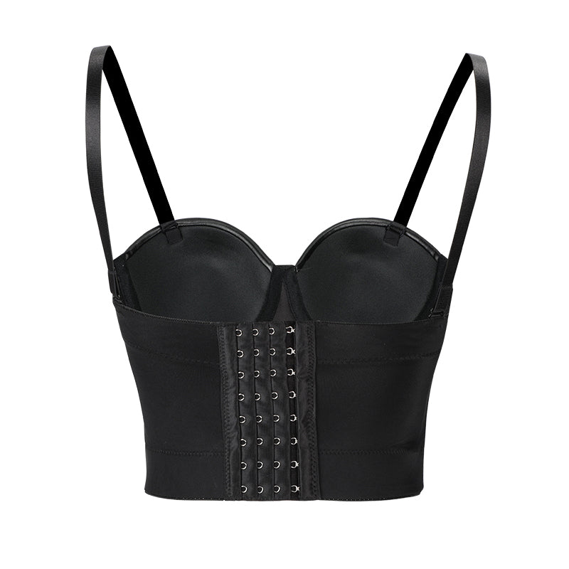 Black PU leather push up corset crop top with steampunk design for a bold rock look.
