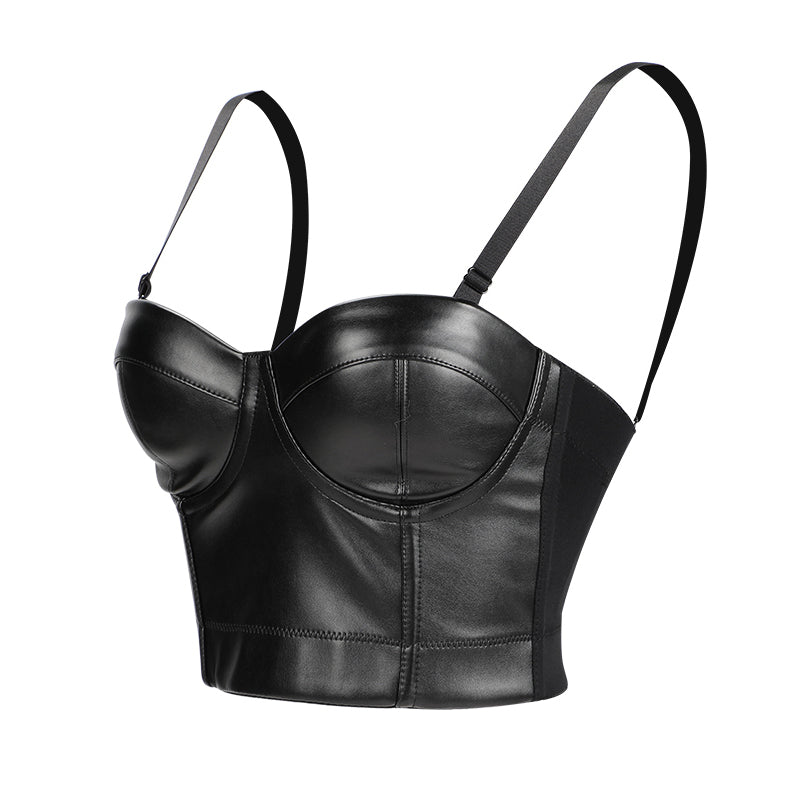 Black PU leather push up corset bra crop top for a sexy rock style look.