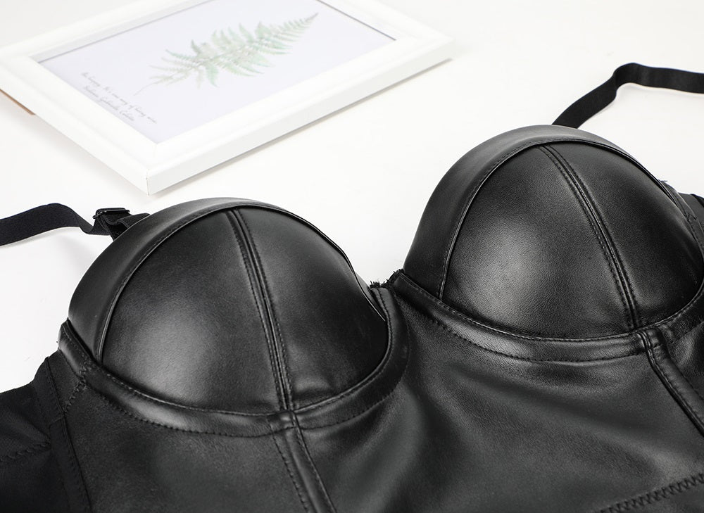 Black PU leather push-up bra with steampunk design, perfect for a rock style wardrobe.