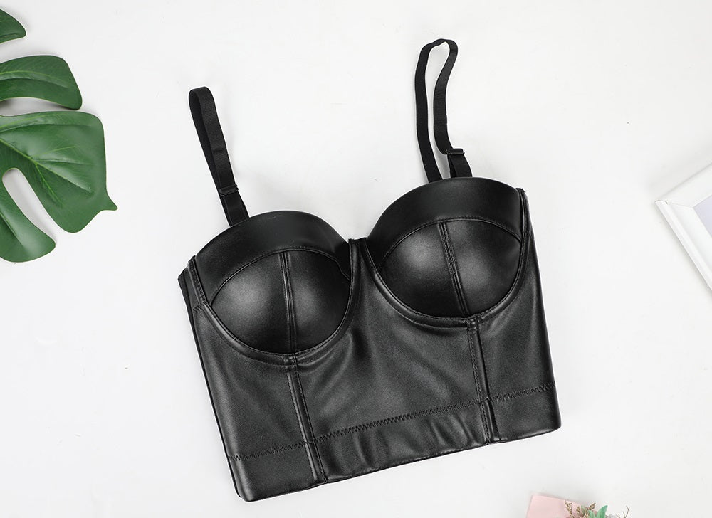Black PU leather push-up bra with steampunk corset style for a bold rock look.