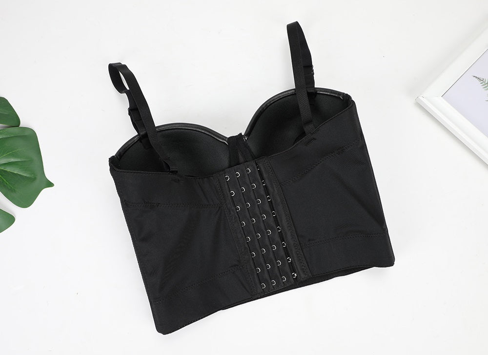 Black PU leather push up bra with corset detailing, perfect for steampunk and rock style outfits.