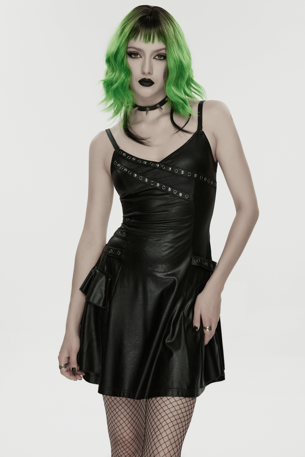 Black Punk A-Line Slip Dress with Rivets and Lace-Up Back showcasing an edgy style with metal rivets and a corset back.