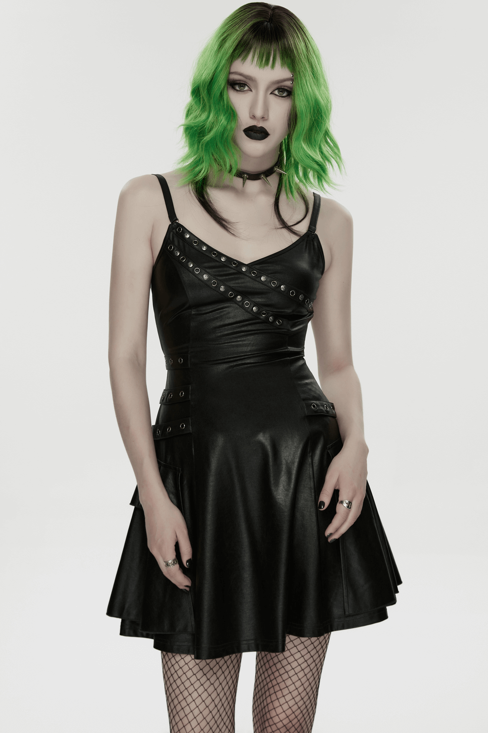 Black Punk A-Line Slip Dress with Rivets and Lace-Up Back displayed on model with green hair.
