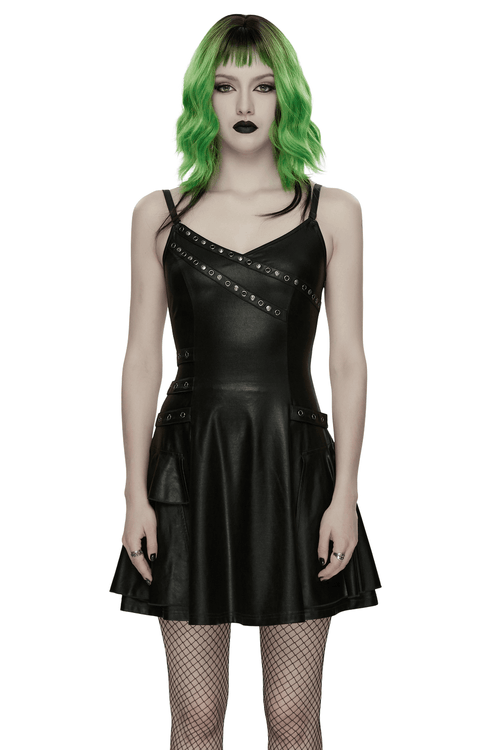 Schwarzes Punk A-Linien Unterkleid mit Nieten und Schnürung am Rücken