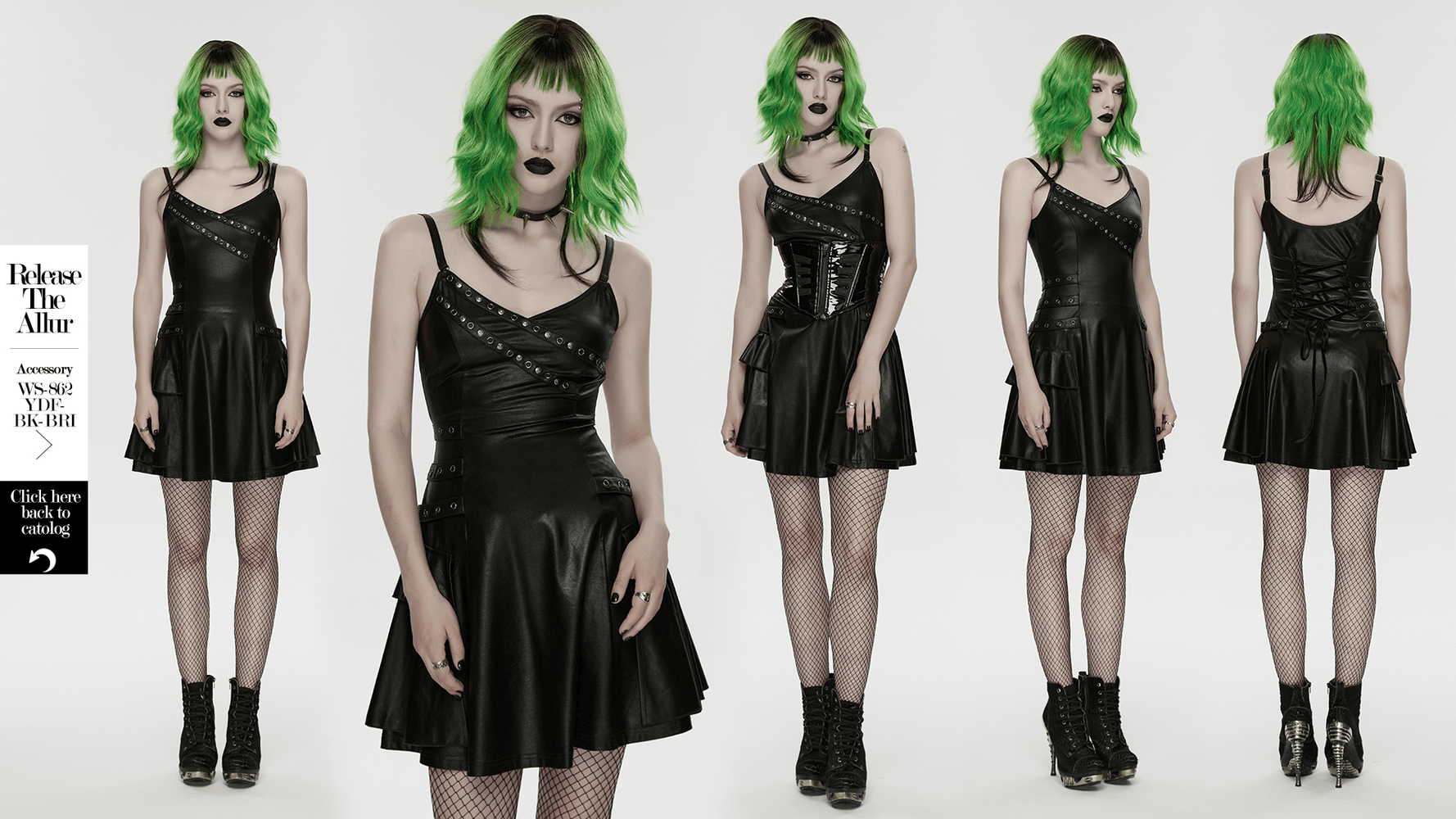 Black Punk A-Line Slip Dress with Rivets and Lace-Up Back worn by a model showcasing multiple angles.