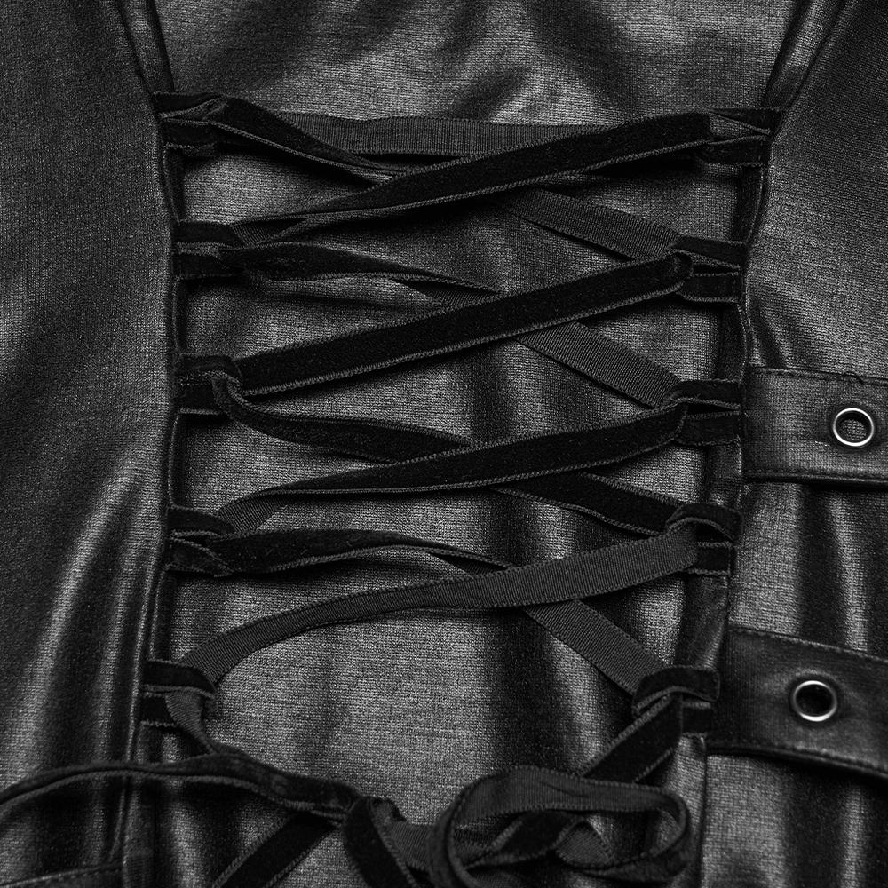 Black Punk A-Line Slip Dress with Rivets and Lace-Up Back close-up of lace-up detail.