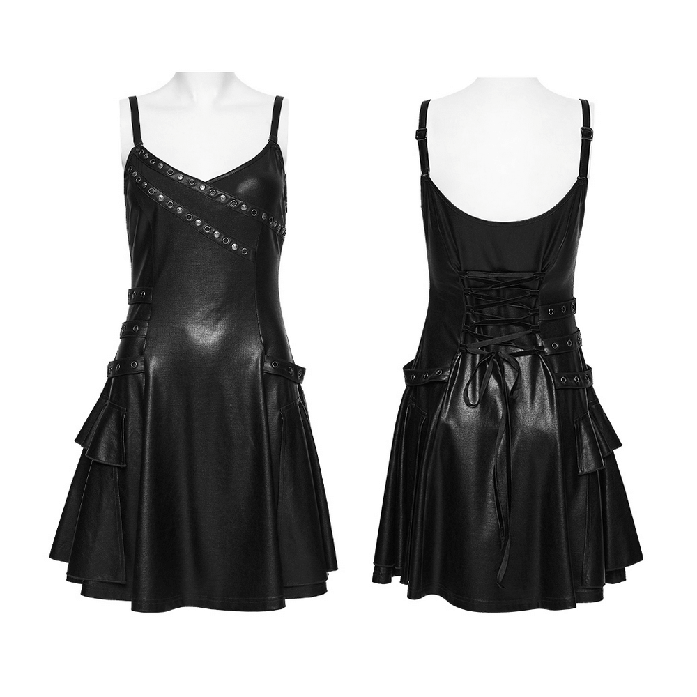 Black Punk A-Line Slip Dress with Rivets and Lace-Up Back showcasing front and back views.