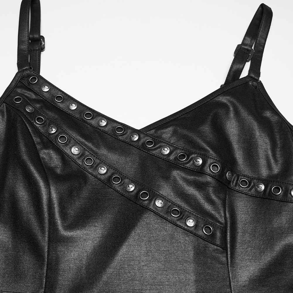 Close-up of Black Punk A-Line Slip Dress with Rivets and Lace-Up Back showcasing the intricate rivet detailing.