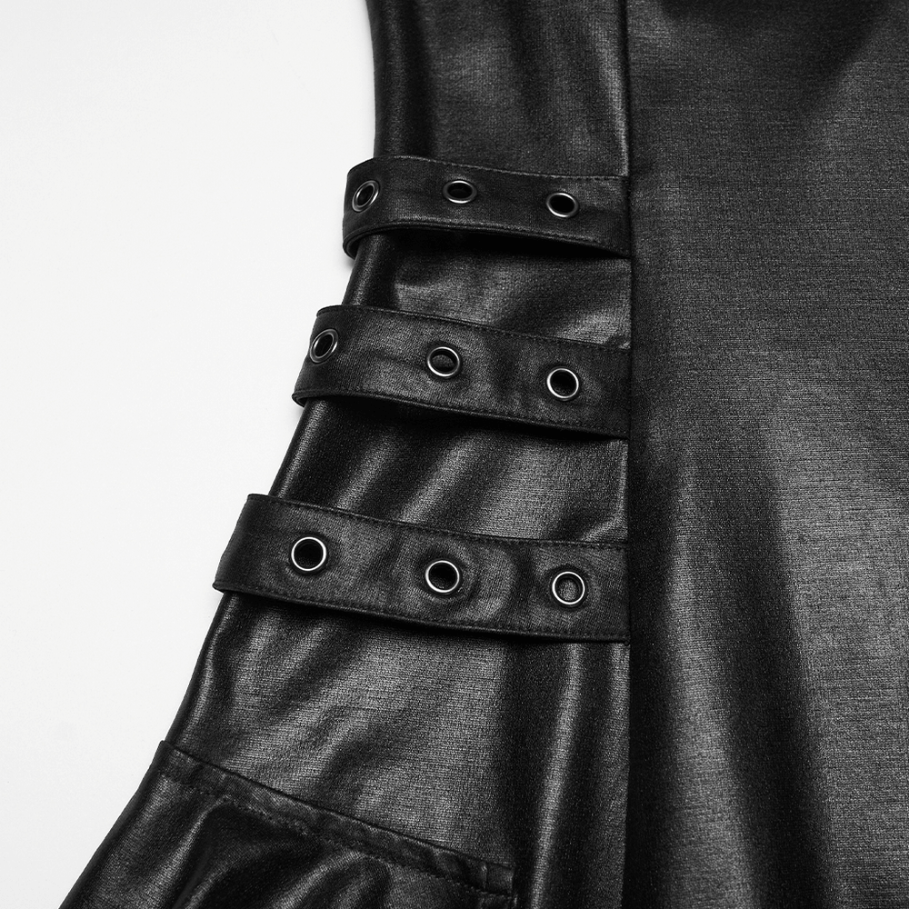 Black Punk A-Line Slip Dress with Rivets and Lace-Up Back close-up detail showing rivets and fabric texture.