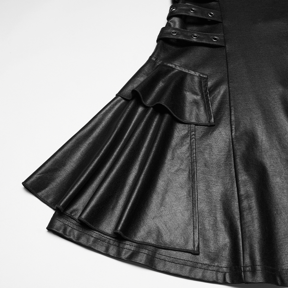 Black Punk A-Line Slip Dress with Rivets and Lace-Up Back showcasing side flap and pleated design.