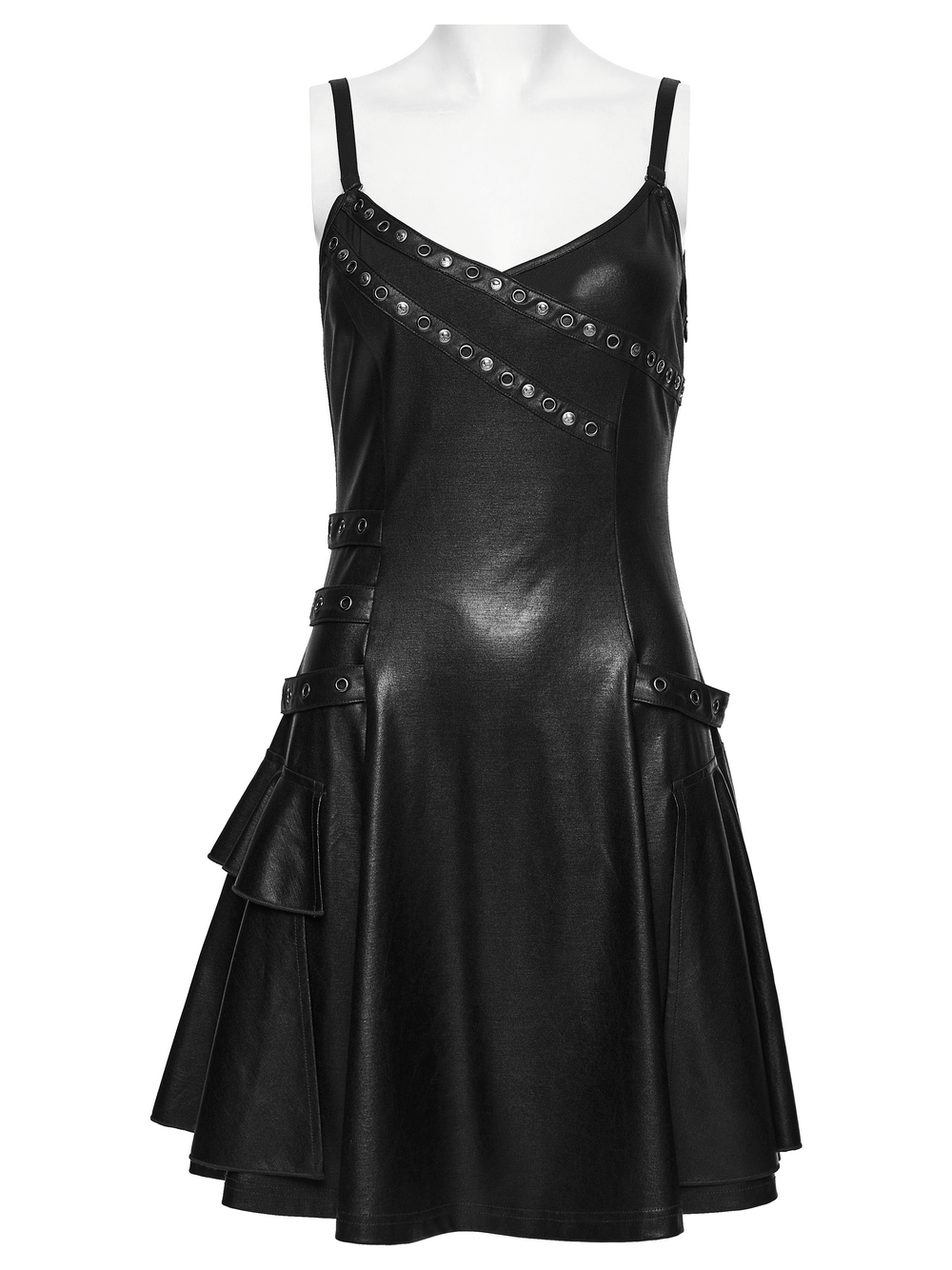 Black Punk A-Line Slip Dress with Rivets and Lace-Up Back featuring metal rivets and a layered look.