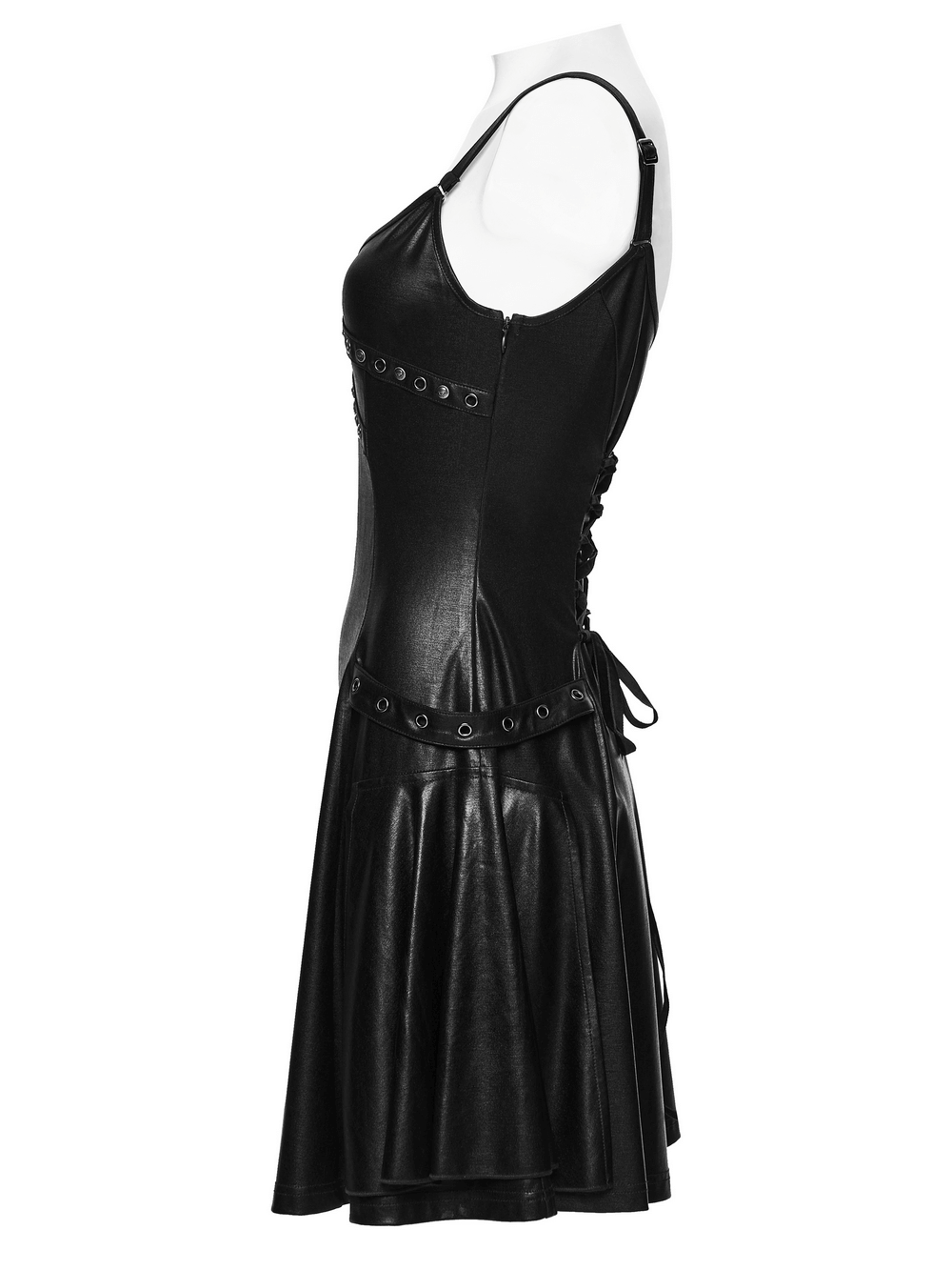 Black Punk A-Line Slip Dress with Rivets and Lace-Up Back in sleek rubberized knit fabric.