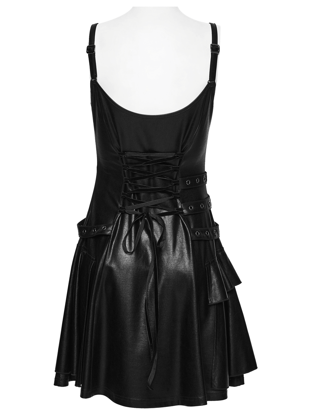 Black Punk A-Line Slip Dress with Rivets and Lace-Up Back showing the detailed lace-up back design.
