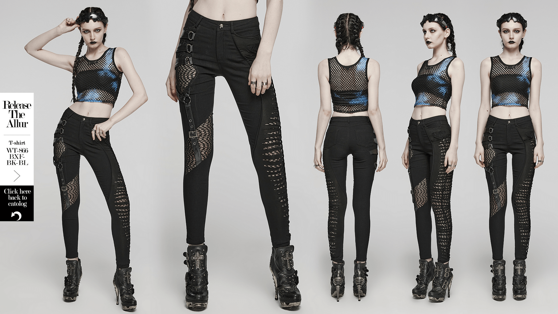 Black punk asymmetric pants with mesh detailing, showcasing a rebellious and edgy style for rock shows.