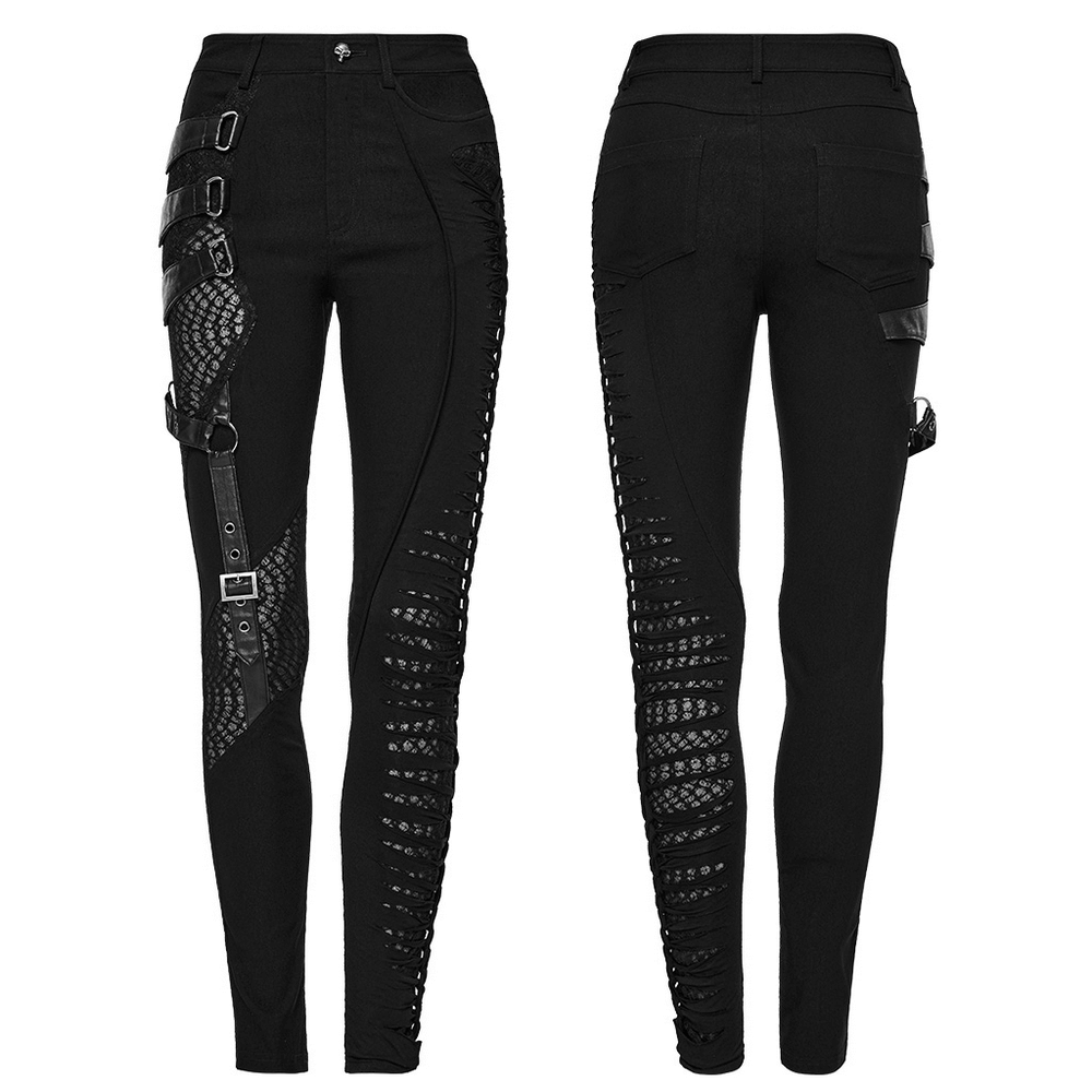 Black punk asymmetric pants with mesh detailing and stylish straps for a rebellious look.