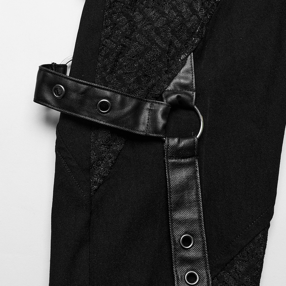 Close-up of black punk asymmetrical pants showcasing mesh detailing and stylish rubberized strap.