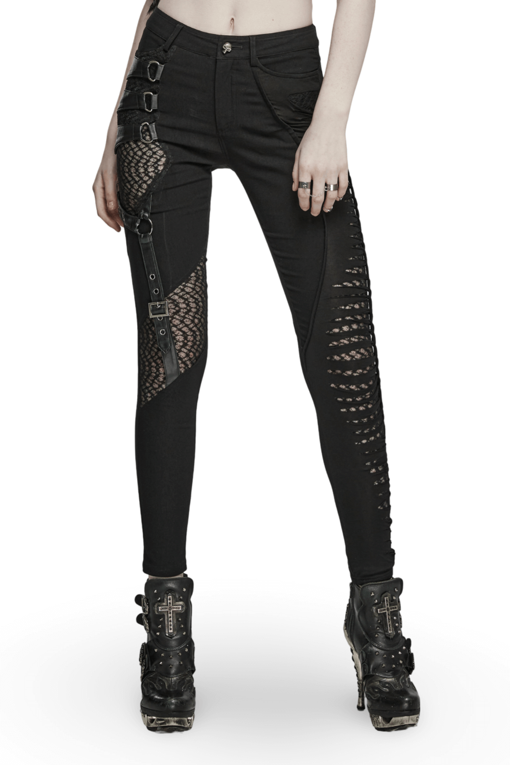 Black punk asymmetric pants with mesh detailing and edgy design, perfect for a standout rock show look.