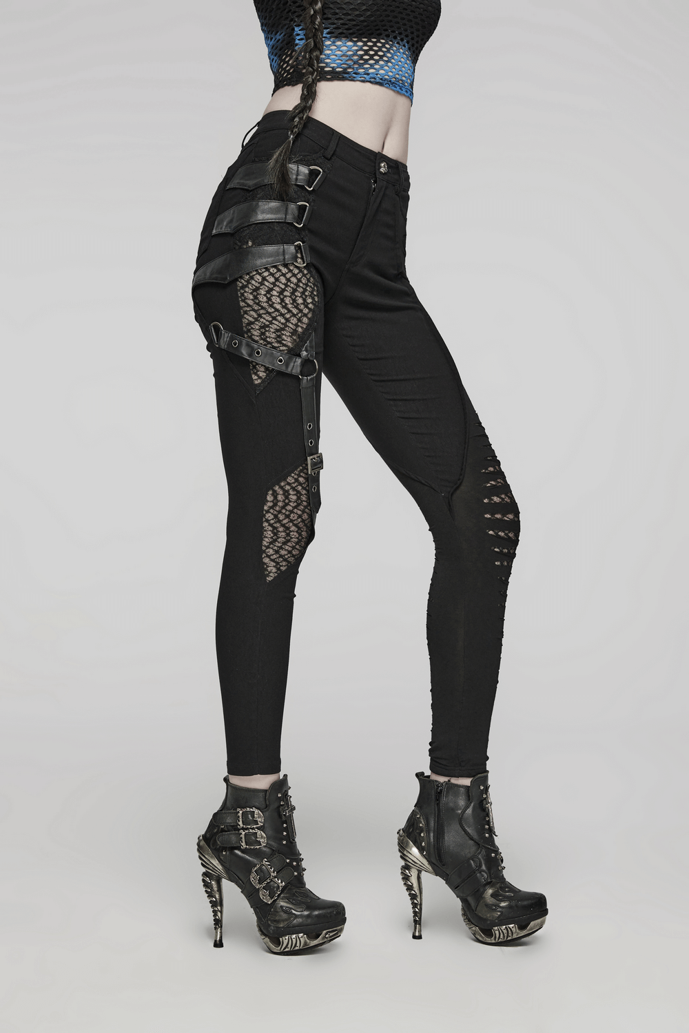 Black Punk Asymmetric Pants with Mesh Detailing