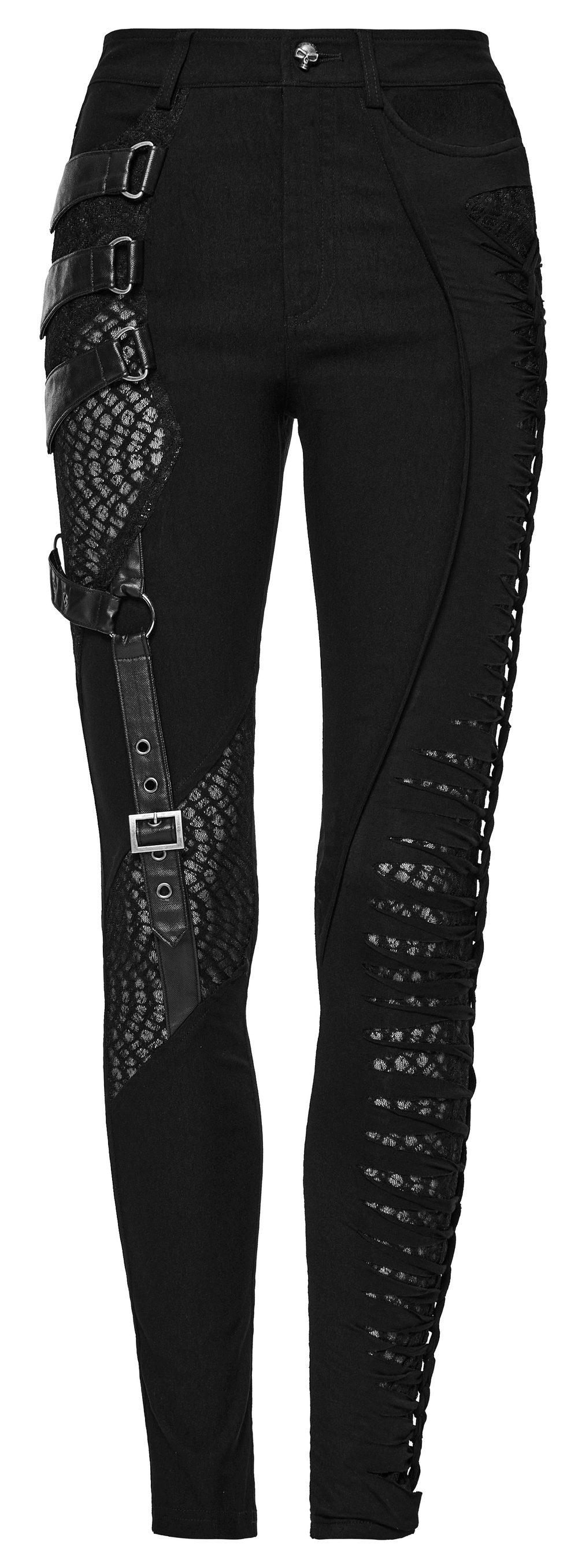Black punk asymmetric pants with mesh detailing and edgy buckle straps for a bold look.