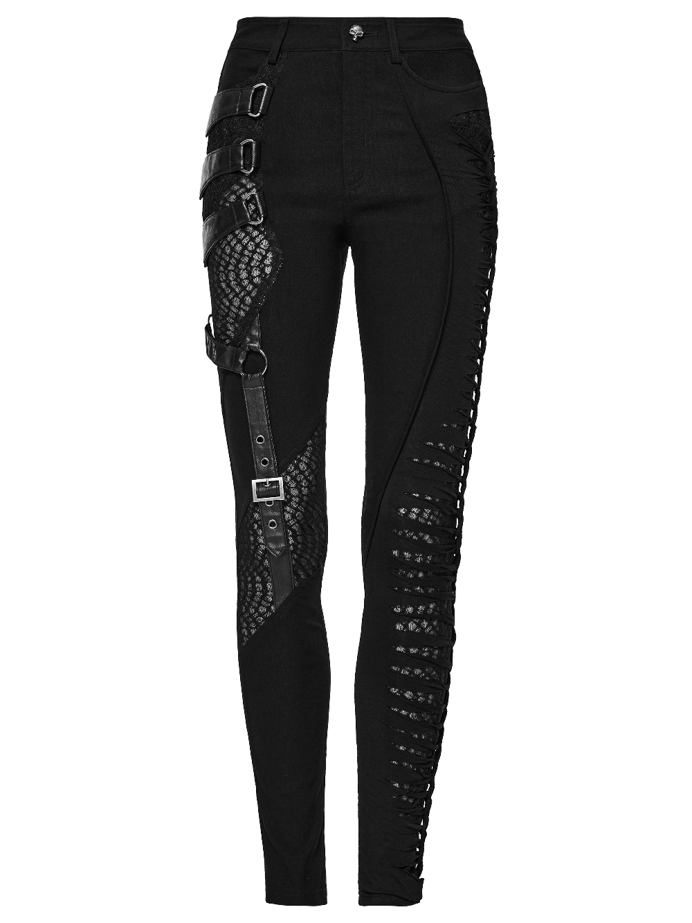 Black punk asymmetric pants with mesh detailing and edgy buckle straps for a bold look.