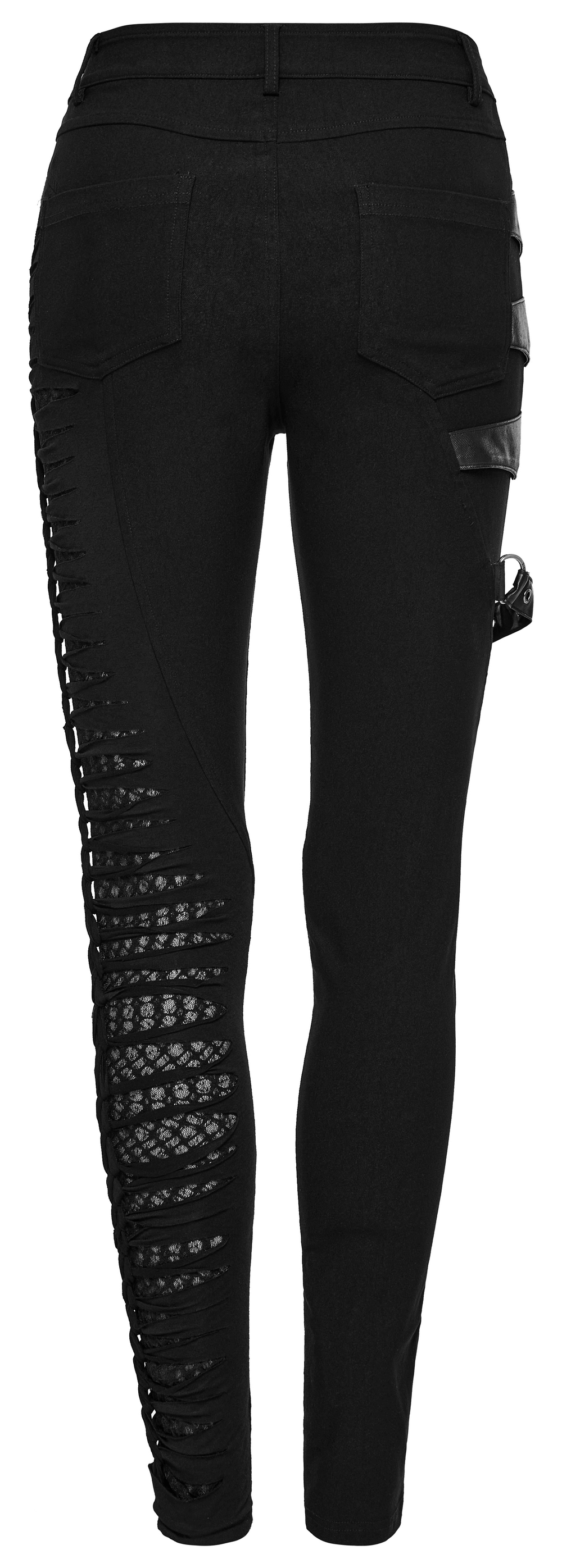 Back view of black punk asymmetric pants with mesh detailing and stylish pockets for an edgy rock look.