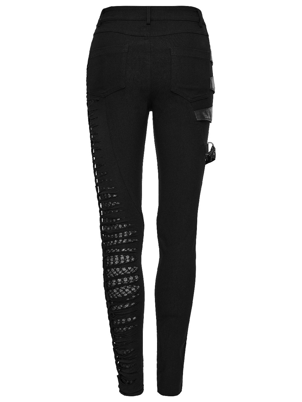 Back view of black punk asymmetric pants with mesh detailing and stylish pockets for an edgy rock look.