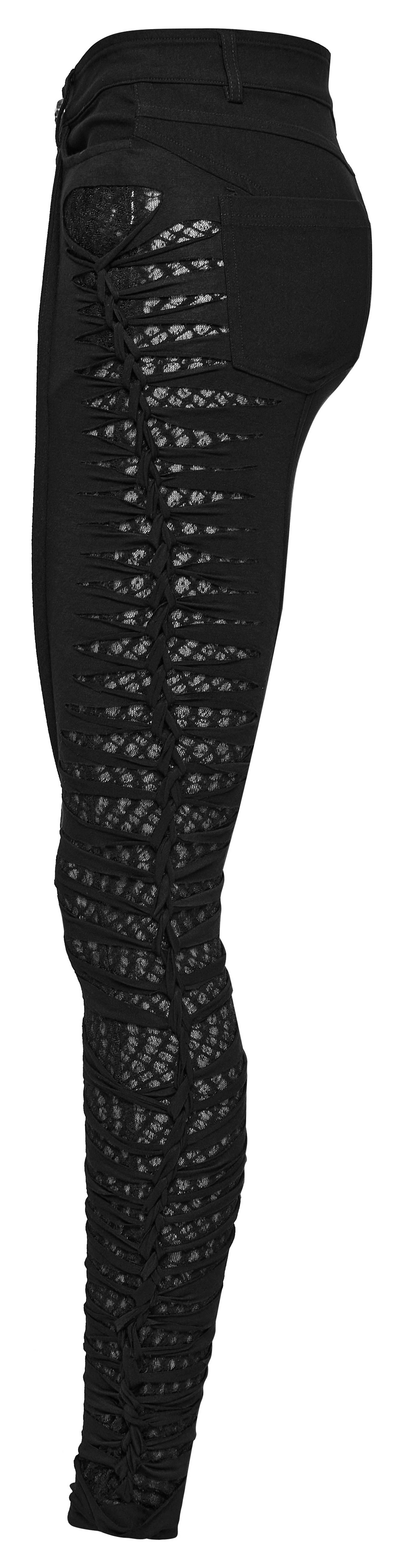 Black punk asymmetric pants with mesh detailing showcasing a unique and edgy silhouette for a bold fashion statement.