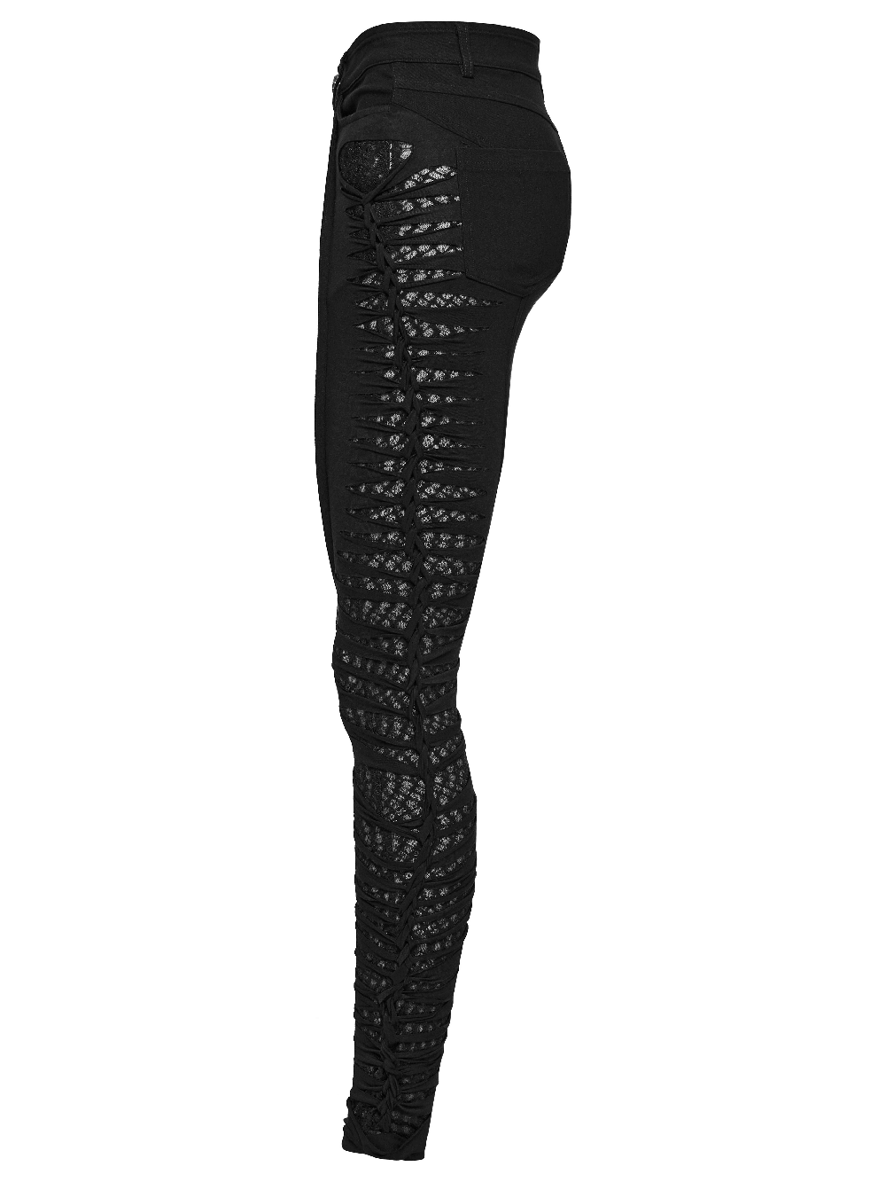 Black punk asymmetric pants with mesh detailing showcasing a unique and edgy silhouette for a bold fashion statement.