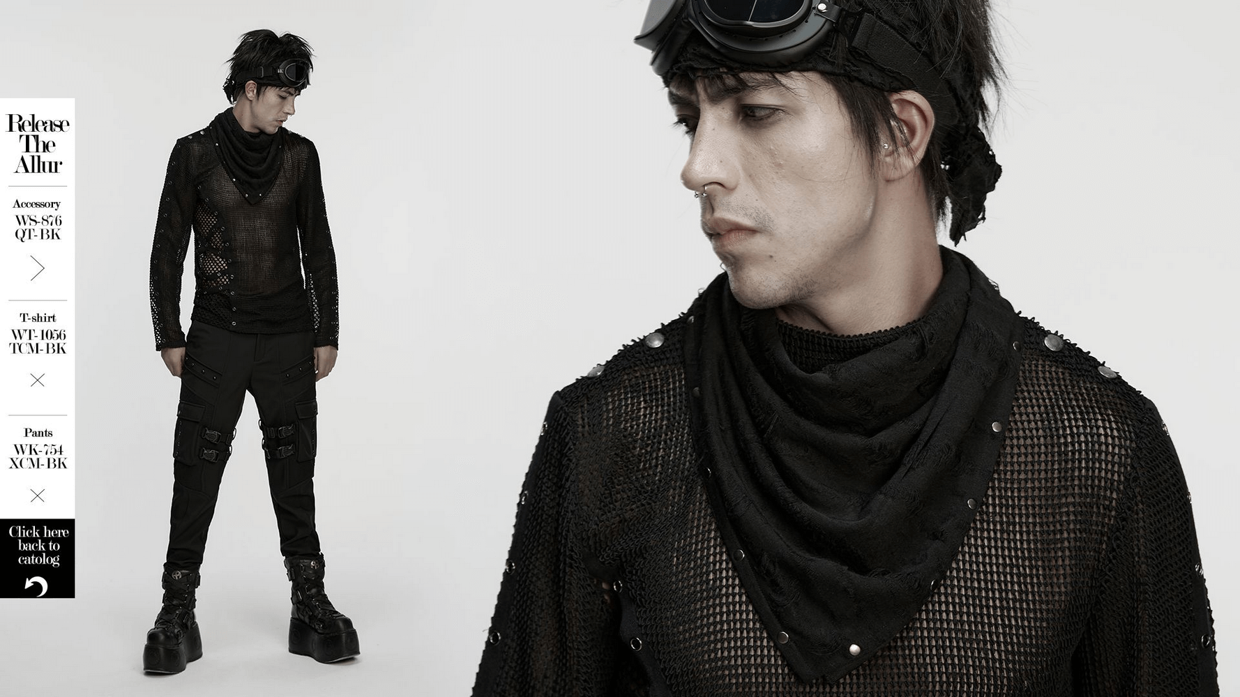 Stylish man in edgy black punk outfit with bandana, mesh top, and chunky boots, showcasing alternative fashion.
