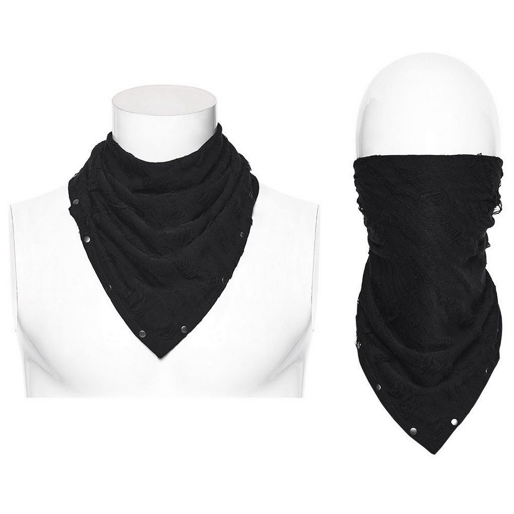 Black punk bandana with studs, tattered fabric, versatile styling options for edgy fashion.