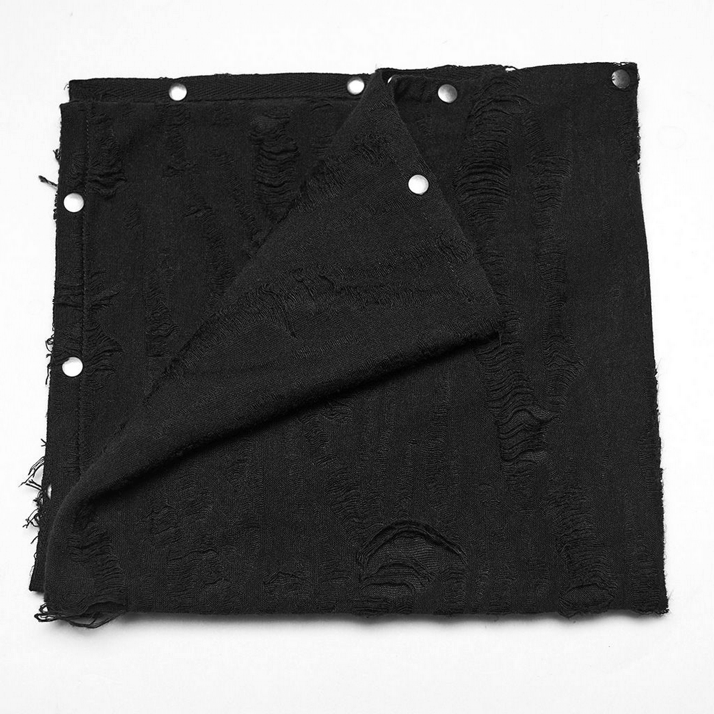 Black punk bandana with studs, featuring tattered knitted fabric for a rebellious fashion statement.