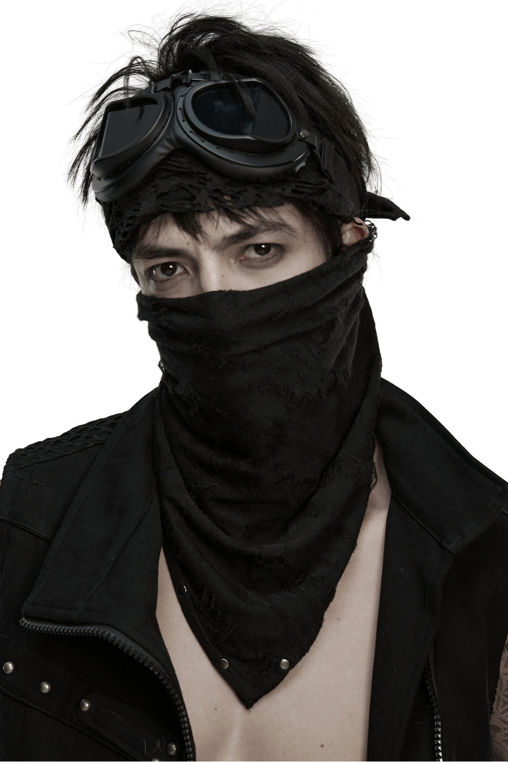 Black punk bandana with studs, worn by a model with goggles, showcasing edgy, rebellious style.