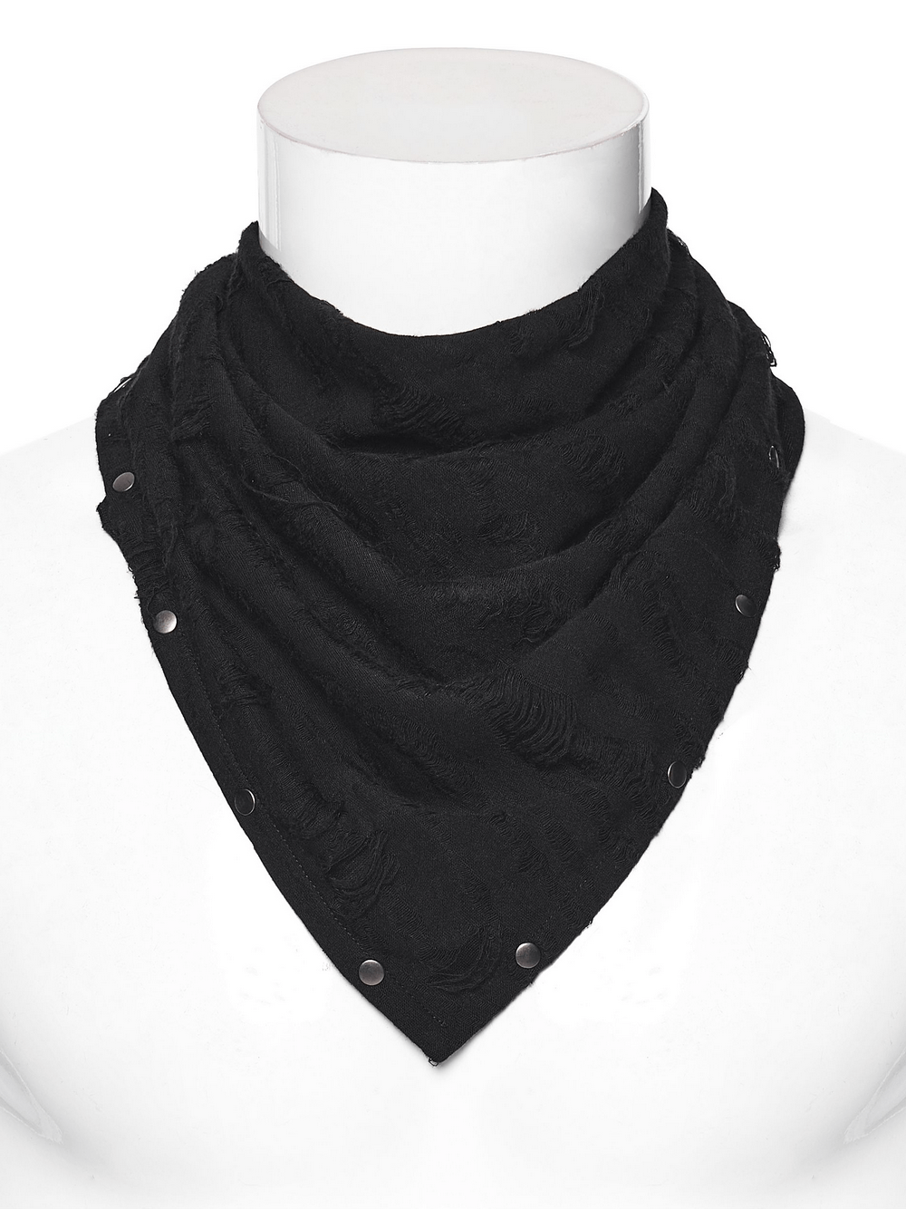 Black punk bandana with studs and tattered fabric for a rebellious accessory look.