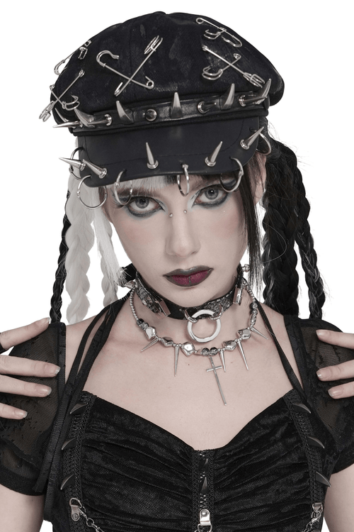 Black Punk Beret Hat with Spikes Rings and Safety Pin Trim