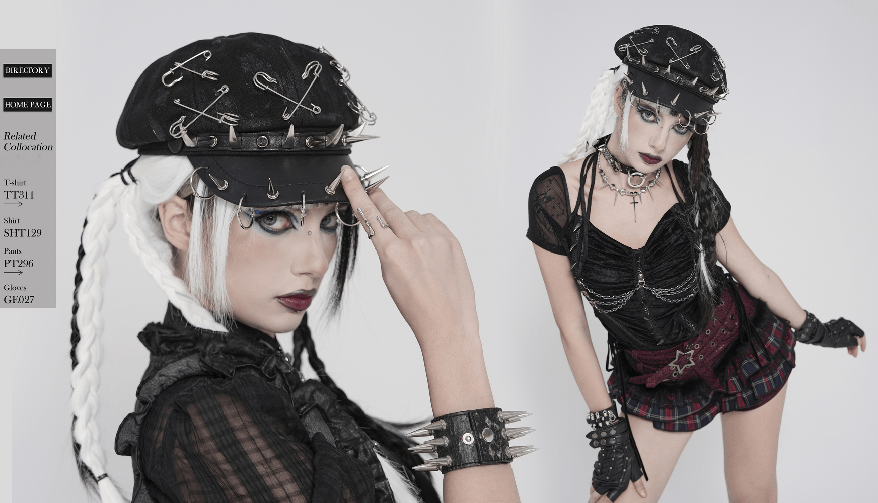 Black Punk Beret Hat with Spikes Rings and Safety Pin Trim worn by model with stunning gothic style.