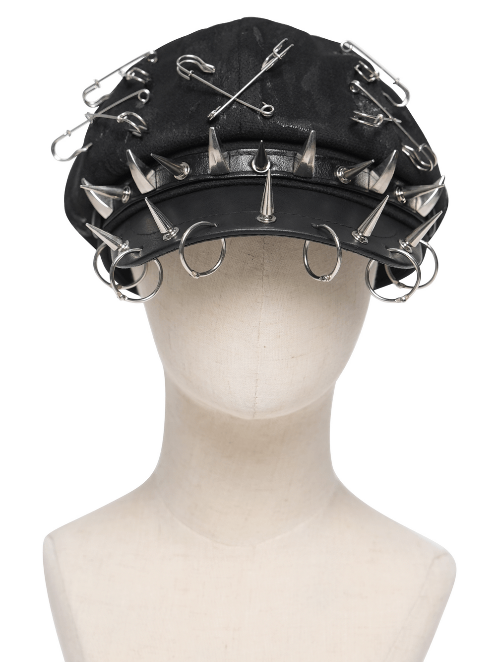 Black Punk Beret Hat with Spikes Rings and Safety Pin Trim on display, featuring metal spikes and safety pin details.