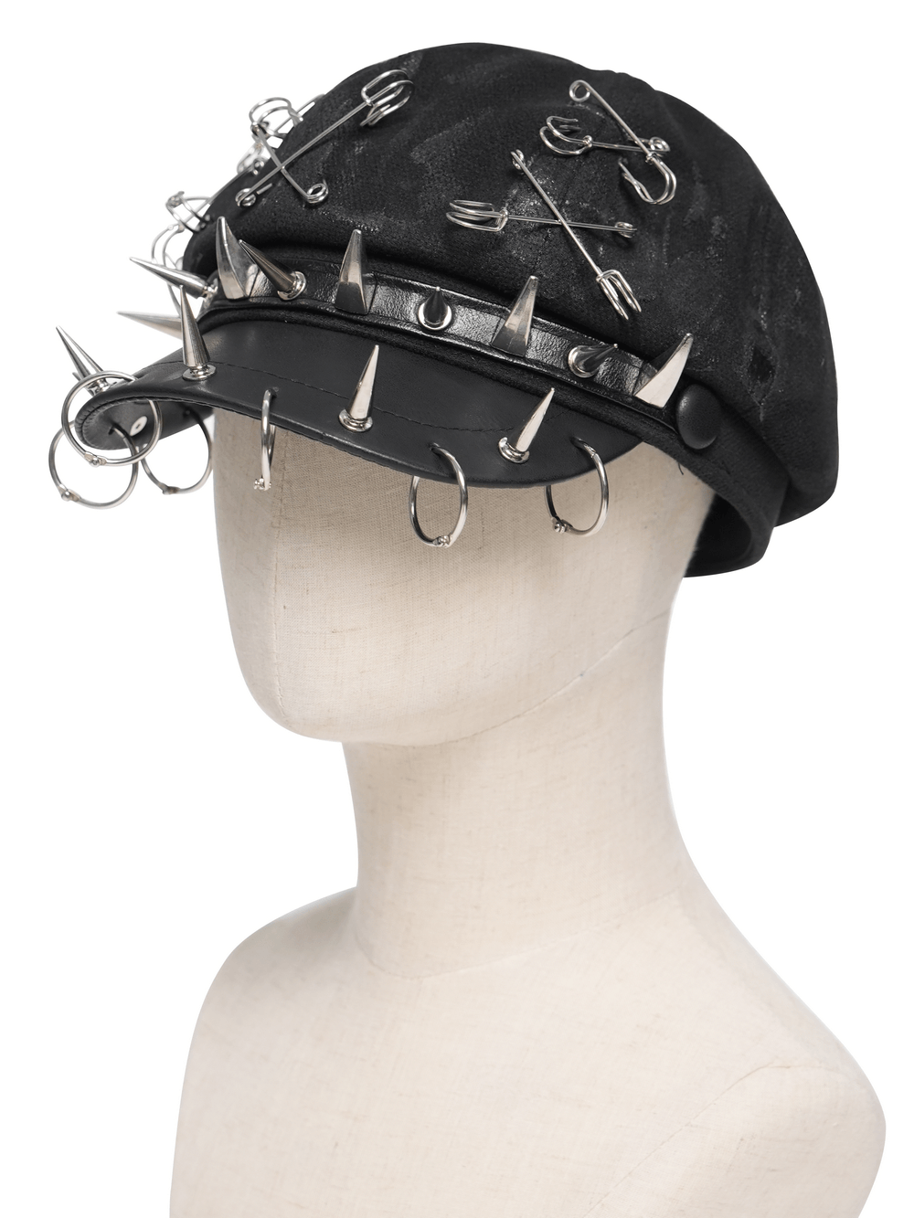 Black Punk Beret Hat with Spikes Rings and Safety Pin Trim showcasing spikes and metal rings.