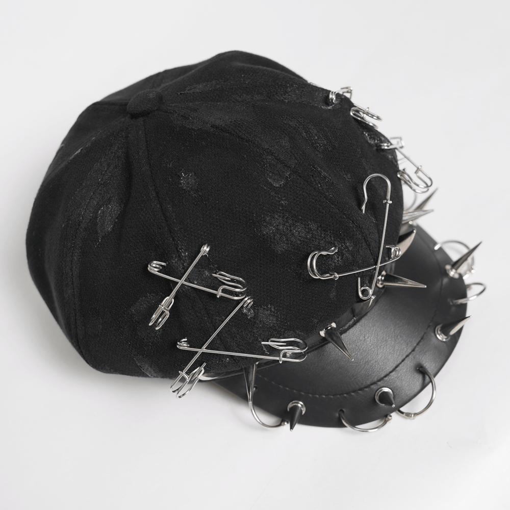 Black Punk Beret Hat with Spikes Rings and Safety Pin Trim showcasing spikes and safety pins.