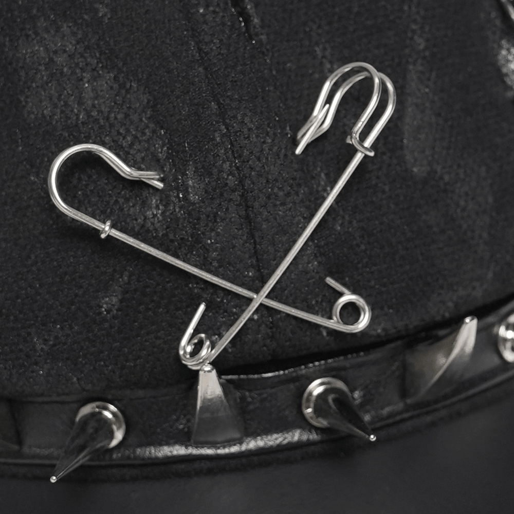 Black Punk Beret Hat with Spikes Rings and Safety Pin Trim showing silver safety pins and spikes detail